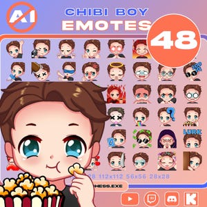 Pack 48 emotes / Cute Chibi Boy Emotes / Light Skin, Brown Hair, Blue Eyes / Twitch / Discord / Youtube / Kick / NO AI