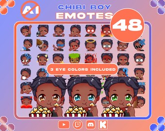 Paket mit 48 Emotes / Chibi-Jungen-Emotes / Schwarze Haare, braune, blaue oder grüne Augen / 3 Augenfarben enthalten / Keine KI