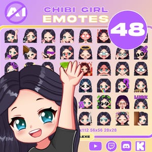 Pack 48 emotes / Cute Chibi Girl Emotes / Light Skin, Black Hair, Blue Eyes / Twitch / Discord / Youtube / Kick / NO AI