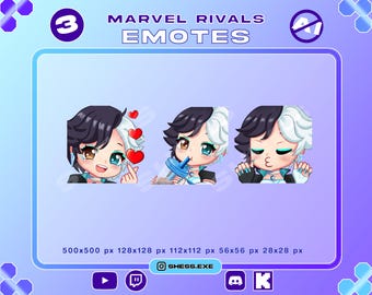 May include: A digital art graphic featuring three anime-style emotes. Each emote depicts a character with black and white hair, expressing different emotions. The text "MARVEL RIVALS EMOTES" is displayed above the emotes. The image includes the text "SHESS.EXE".