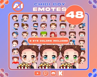 Pack 48 Emotes / Chibi Boy Emotes / Braunes Haar, Braun - Blau - Grüne Augen / 3 Augenfarben enthalten / KEINE KI