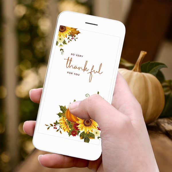 Digital Thankful Thanksgiving Greeting Card for Smartphone Email/Autumn Floral Pumpkin Gratitude Electronic Card/Instant Download