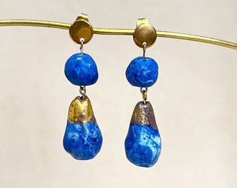 Cobalt Blue and Gold Drop Ceramic Earrings - Unique Handcrafted Statement Dangles