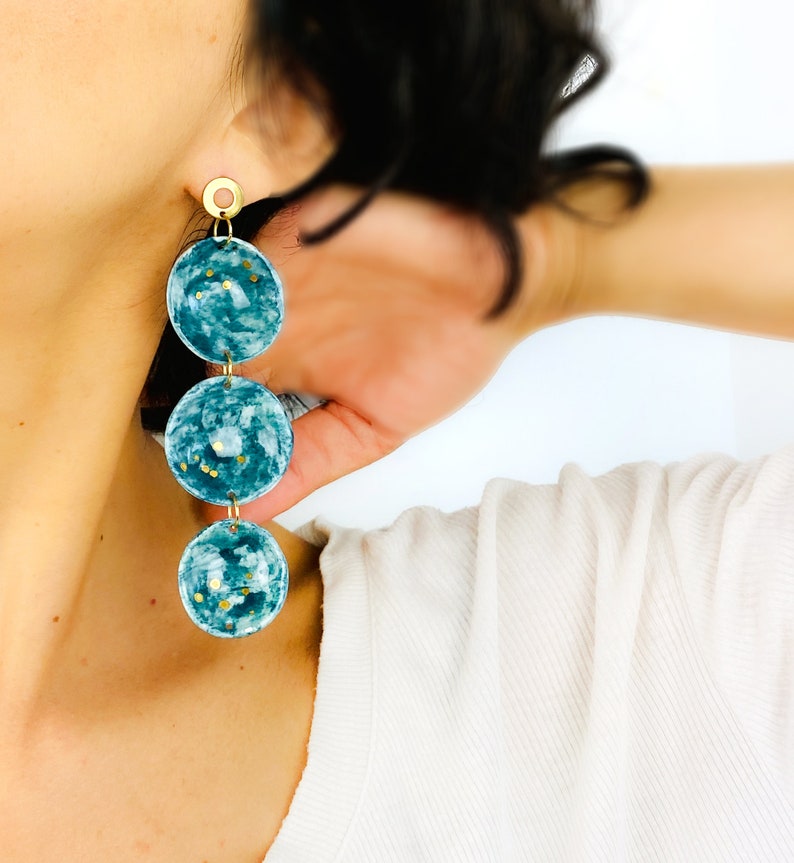 Extra long earrings, Porcelain dangle earrings, Marble earrings gold platted, Artisanal ceramic dangles, Esmelard green earrings for women image 2