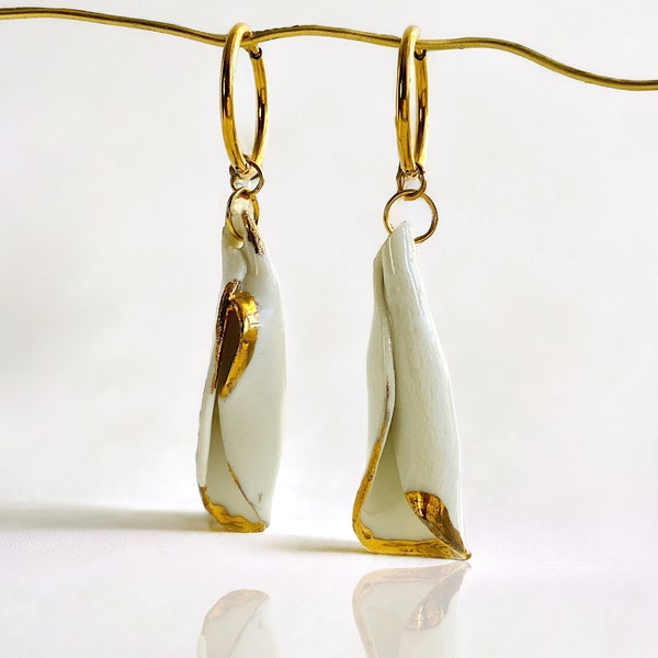 Statement long earrings of ceramic, White and gold leaf earrings, Botanical wedding dangles, Minimalist big dangly earrings for women