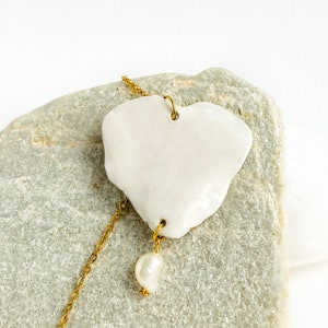 Romantic boho ceramic necklace with heart pendant White statement porcelain jewelry gold dipped image 9