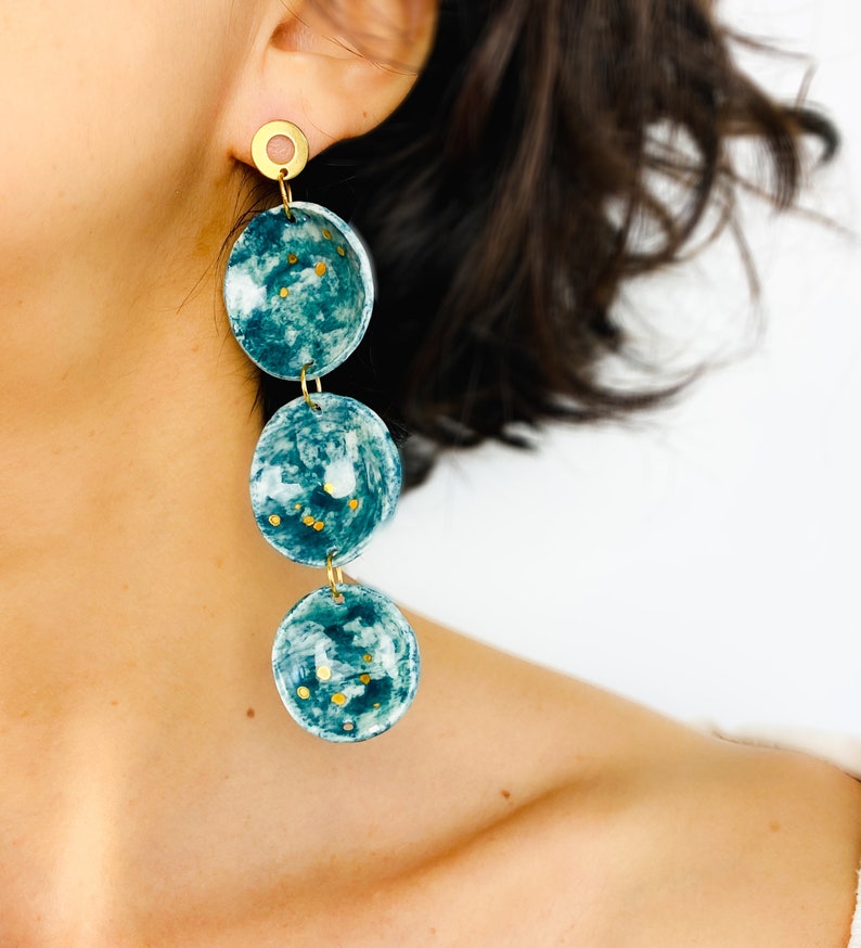 Extra long earrings, Porcelain dangle earrings, Marble earrings gold platted, Artisanal ceramic dangles, Esmelard green earrings for women image 3