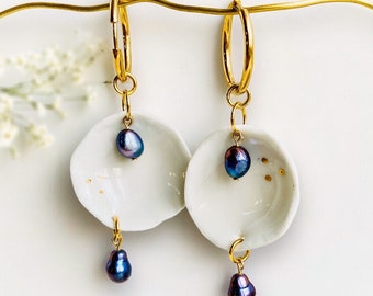 Long wedding ceramic earrings, Statement boho dangly earrings, Porcelain gold plated earrings, Lightweight dangle earrings with black pearl