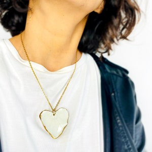 Romantic boho ceramic necklace with heart pendant White statement porcelain jewelry gold dipped image 7