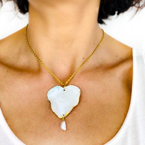 Romantic boho ceramic necklace with heart pendant White statement porcelain jewelry gold dipped image 4