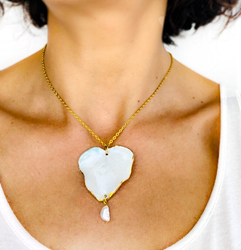Romantic boho ceramic necklace with heart pendant White statement porcelain jewelry gold dipped image 4