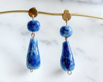 Boho mediterranean ceramic earrings in blue, Statement porcelain drop earrings, Colorful handmade clay earrings for summer wedding