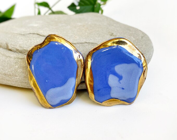 Big Blue Studs Earrings, Statement Ceramic Earrings, Minimalist