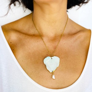 Romantic boho ceramic necklace with heart pendant White statement porcelain jewelry gold dipped image 6