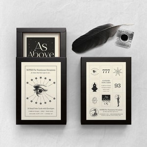 May include: A black box with a white lid containing 16 small note cards with envelopes. The box has the text "As Above" on the lid and "NOTES For Numinous Occasions" on the front. The cards feature various designs, including an eye with stars, a ship, and a bird. The text "777" and "93" are also visible on the box.