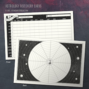 May include: Black and white astrology discovery cards with a star chart on the back and a chart with zodiac signs on the front. The front card has the text "Signs of the Zodiac" and "Discovery Card".