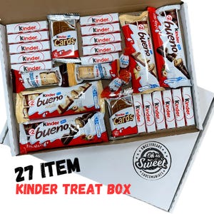 May include: A white box filled with 27 assorted Kinder chocolate bars. The box is labelled "27 ITEM KINDER TREAT BOX". The chocolate bars include Kinder Bueno, Kinder Cards, and Kinder Chocolate.