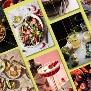 Op de afbeelding: Een collage van negen afbeeldingen die verschillende voedsel- en drankitems laten zien. De afbeeldingen tonen een salade met rood fruit, een cocktail met kersen, een kom hummus, een bord met fruit, een glas limonade, een bord met kaas en crackers, een bord met fruit, een theepot en een bord met fruit.