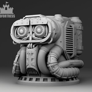 Może przedstawiać: Szary, szczegółowy, trójwymiarowy model futurystycznego robota z okrągłą głową, dwoma dużymi oczami i ciałem wykonanym z rur i przewodów.