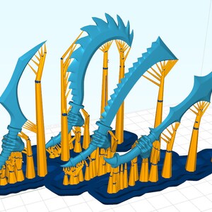 May include: A set of five blue and yellow 3D printed swords with intricate details. The swords are arranged in a decorative display.