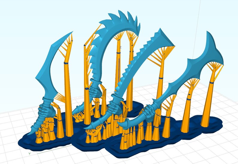 May include: A set of five blue and yellow 3D printed swords with intricate details. The swords are arranged in a decorative display.