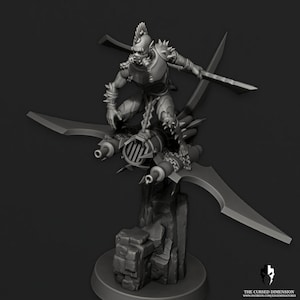 May include: A grey 3D printed miniature of an Orc riding a flying, weaponised contraption. The Orc is wearing armour and holding a weapon. The contraption has two cannons and two large blades. The miniature is mounted on a grey base.