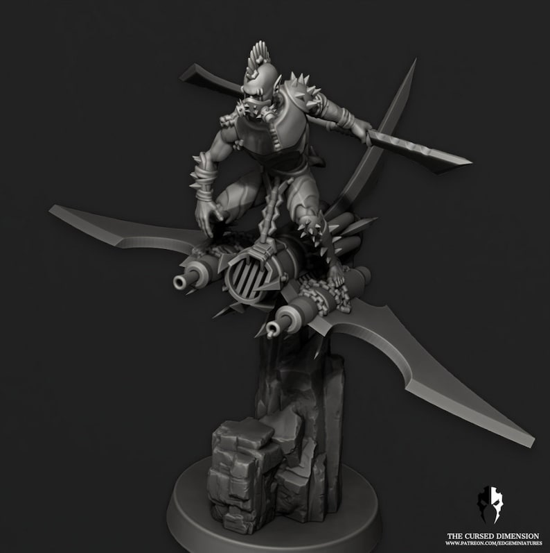 May include: A grey 3D printed miniature of an Orc riding a flying, weaponised contraption. The Orc is wearing armour and holding a weapon. The contraption has two cannons and two large blades. The miniature is mounted on a grey base.