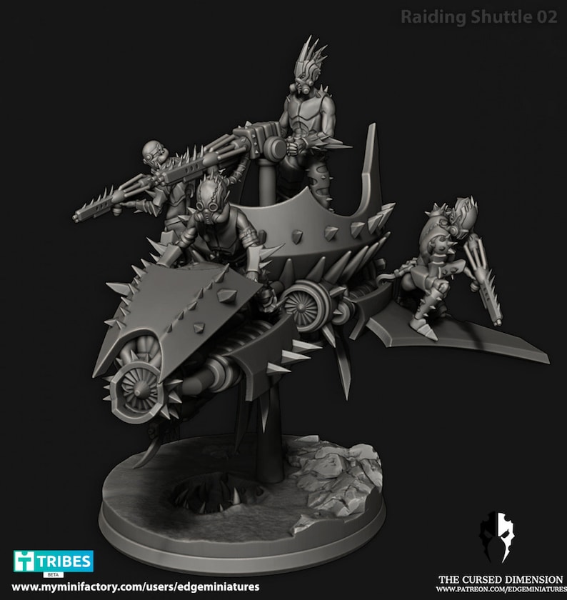 Puede incluir: Un modelo de impresi&oacute;n 3D gris de una nave espacial futurista con cuatro figuras a bordo. La nave espacial tiene una nariz puntiaguda, dos alas y un gran motor en la parte trasera. Las figuras llevan armaduras futuristas y sostienen armas. El modelo est&aacute; impreso en pl&aacute;stico gris y est&aacute; listo para ser pintado.