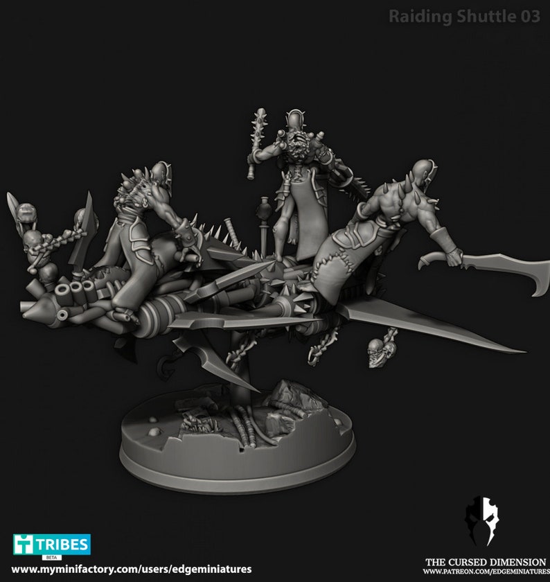 Puede incluir: Una miniatura impresa en 3D de una lanzadera de asalto con tres figuras a bordo. La lanzadera est&aacute; hecha de pl&aacute;stico gris y tiene un dise&ntilde;o detallado. Las figuras tambi&eacute;n est&aacute;n hechas de pl&aacute;stico gris y est&aacute;n en varias poses de acci&oacute;n. La lanzadera est&aacute; montada en una base circular.