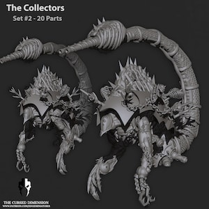 May include: A 3D printed model of a monstrous creature with a skeletal, segmented body, multiple limbs, and a large, spiked head. The creature is posed in a dynamic, attacking stance, with its tail curled around its body. The model is printed in a light gray color and appears to be highly detailed.