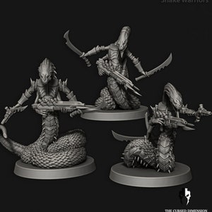 May include: Three grey, snake-like figures with humanoid heads and arms, holding weapons. The figures are posed in a dynamic fighting stance. The figures are standing on round bases.