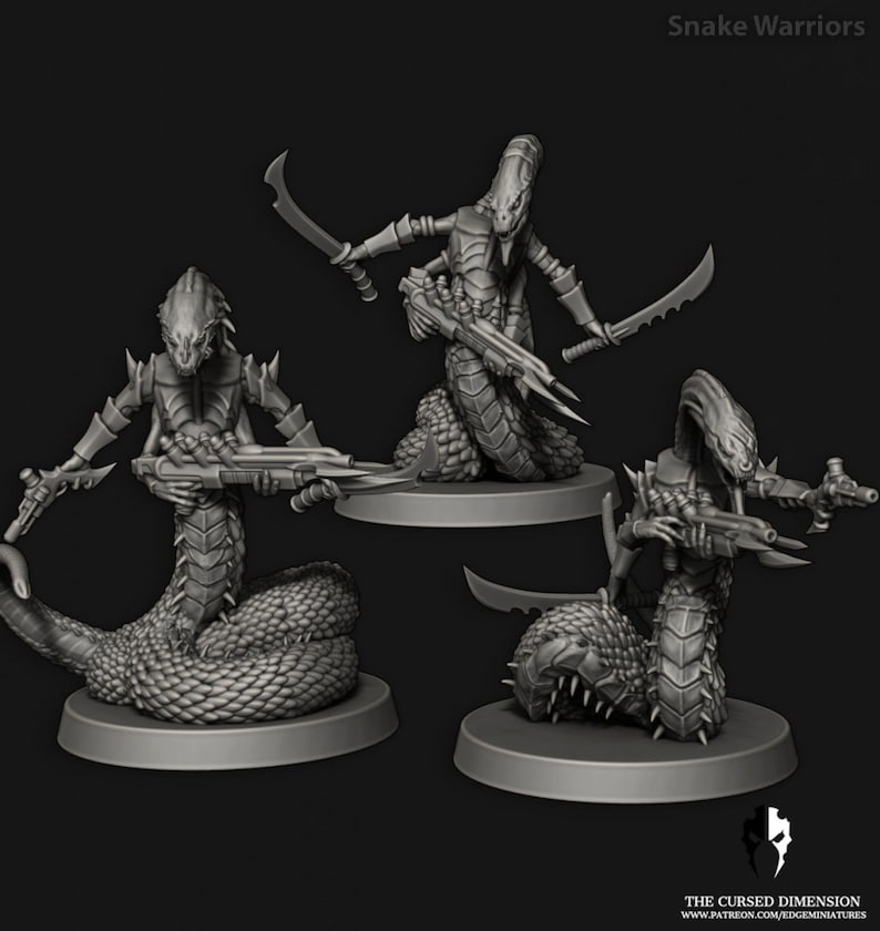 May include: Three grey, snake-like figures with humanoid heads and arms, holding weapons. The figures are posed in a dynamic fighting stance. The figures are standing on round bases.