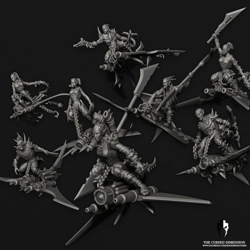 May include: Seven detailed miniature figures of humanoid figures riding on futuristic, winged, mechanical vehicles. The figures are posed in dynamic action poses, with weapons and accessories. The miniatures are made of grey plastic and are designed for tabletop gaming.
