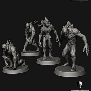 May include: Four gray 3D printed miniature figures of monstrous creatures with sharp teeth and claws. The figures are posed in different dynamic stances and are ready to be painted.