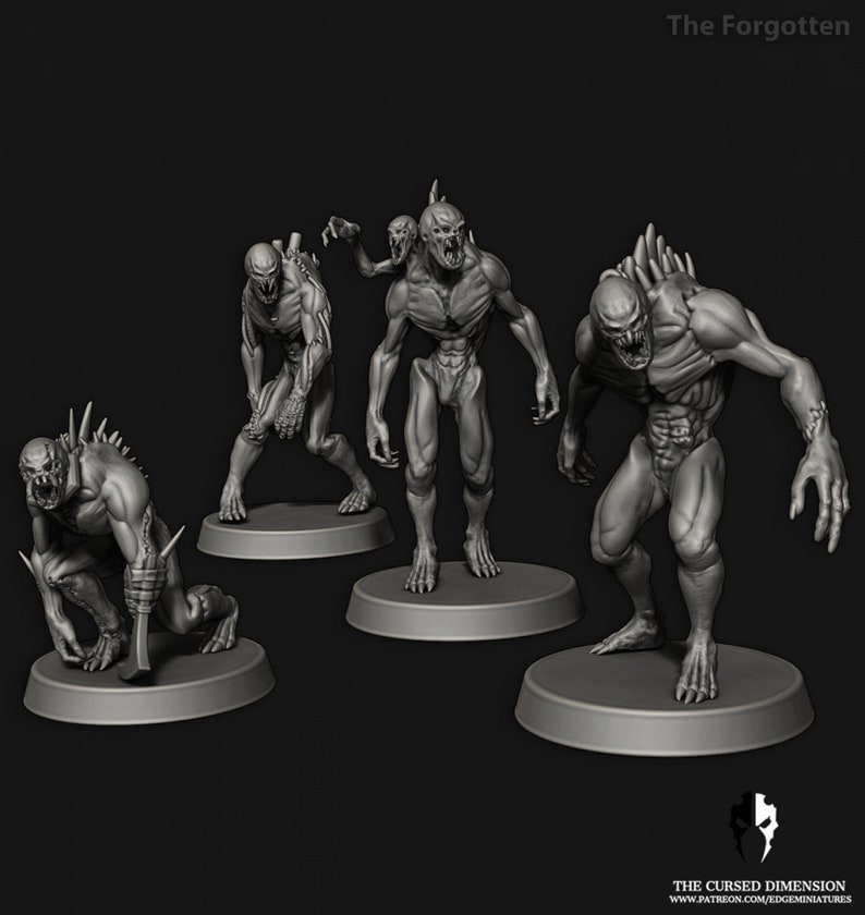May include: Four gray 3D printed miniature figures of monstrous creatures with sharp teeth and claws. The figures are posed in different dynamic stances and are ready to be painted.