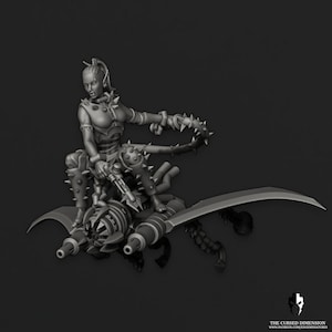 May include: A grey 3D printed miniature of a female figure riding a flying machine with a spiked tail and multiple guns. The figure is wearing a spiked outfit and holding a weapon.