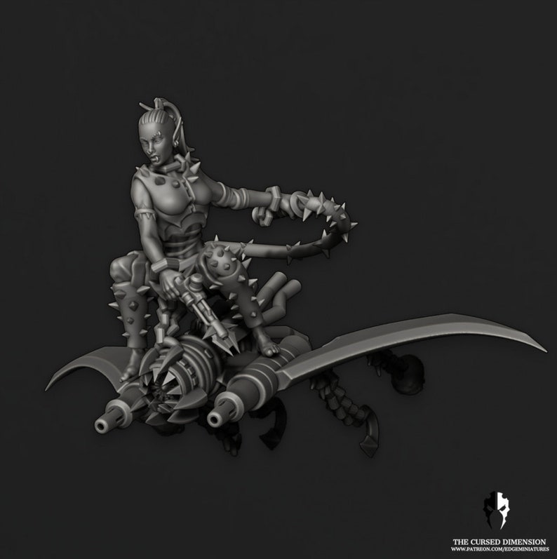 May include: A grey 3D printed miniature of a female figure riding a flying machine with a spiked tail and multiple guns. The figure is wearing a spiked outfit and holding a weapon.