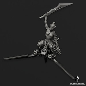 May include: A grey 3D printed miniature of a female figure riding a futuristic vehicle. The figure is holding a sword above her head and is wearing armour and chains. The vehicle has two wings and two engines.