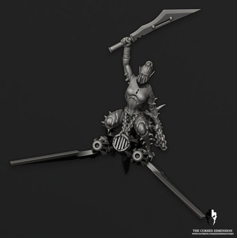 May include: A grey 3D printed miniature of a female figure riding a futuristic vehicle. The figure is holding a sword above her head and is wearing armour and chains. The vehicle has two wings and two engines.