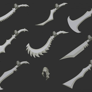 May include: A set of eight fantasy-style weapons, including swords, daggers, and a claw, all in a gray color. The weapons are designed for role-playing games or miniature figures.