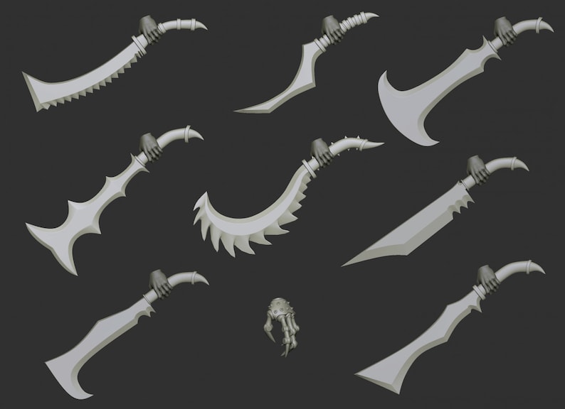 May include: A set of eight fantasy-style weapons, including swords, daggers, and a claw, all in a gray color. The weapons are designed for role-playing games or miniature figures.