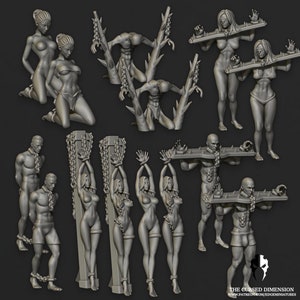 May include: A set of 3D printed miniatures depicting figures bound in chains and other restraints. The figures are posed in various positions, including standing, kneeling, and lying down. The miniatures are made of a grey plastic material and are designed for use in tabletop games or role-playing games.
