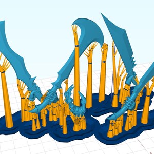 May include: A 3D printed model of a creature with multiple arms holding swords. The creature is standing on a blue base and the swords are blue and yellow.