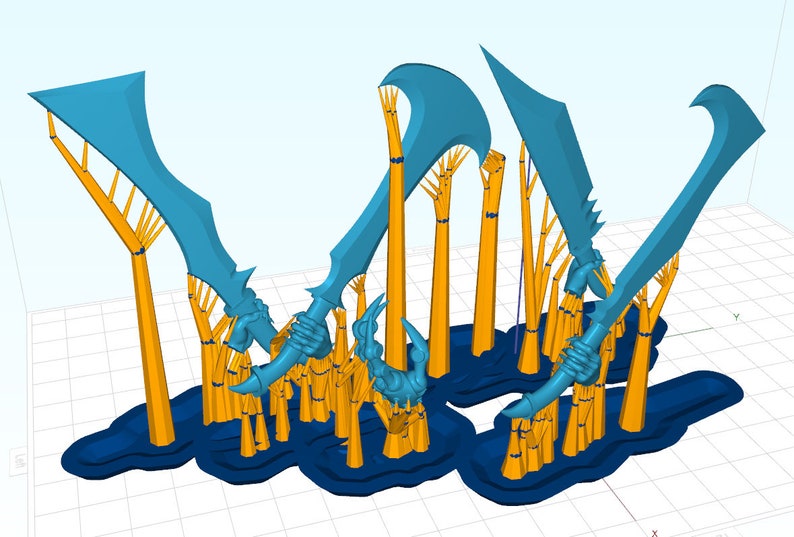 May include: A 3D printed model of a creature with multiple arms holding swords. The creature is standing on a blue base and the swords are blue and yellow.