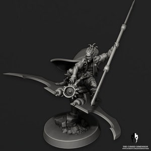 May include: A grey 3D printed miniature of a fantasy character riding a flying machine. The character is holding a spear and has a cape. The flying machine has two blades and a propeller.
