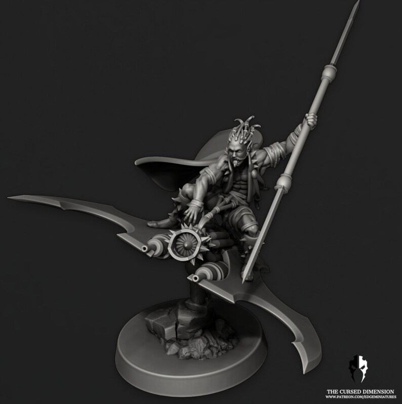 May include: A grey 3D printed miniature of a fantasy character riding a flying machine. The character is holding a spear and has a cape. The flying machine has two blades and a propeller.