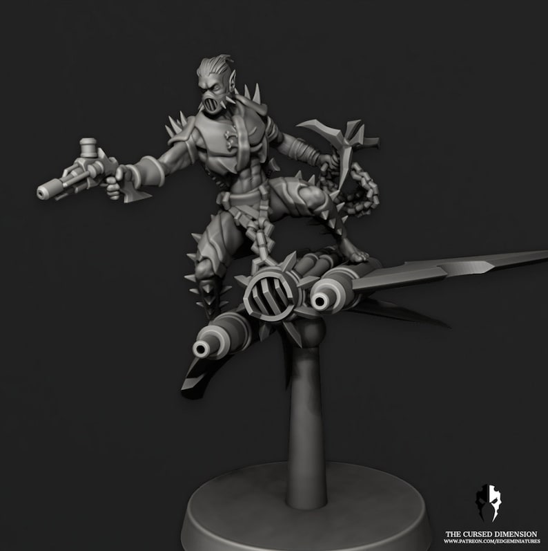May include: A grey, detailed miniature of a goblin riding a futuristic, winged, multi-barreled weapon. The goblin is wearing armour and holding a pistol.