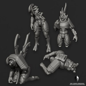 May include: Four grey 3D printed miniature figures of humanoid creatures with detailed armor and weapons. The figures are posed in various dynamic stances, including kneeling, standing, and lying down. The figures are designed for tabletop gaming or as collectible figurines.