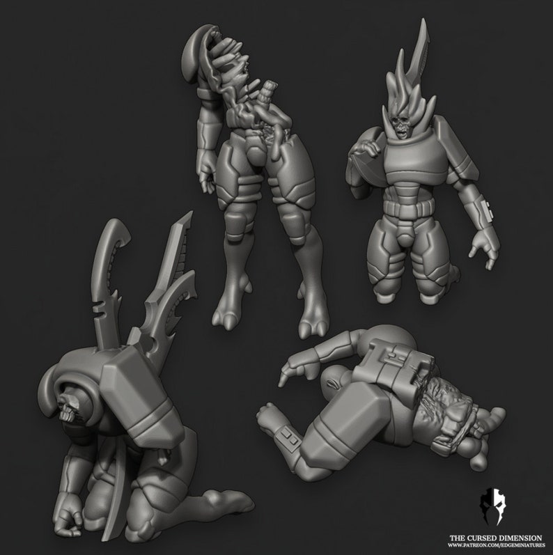 May include: Four grey 3D printed miniature figures of humanoid creatures with detailed armor and weapons. The figures are posed in various dynamic stances, including kneeling, standing, and lying down. The figures are designed for tabletop gaming or as collectible figurines.