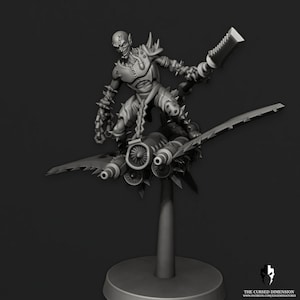 May include: A grey, detailed miniature of a goblin riding a flying machine with a large blade on the side. The goblin is holding a weapon and has a menacing expression.